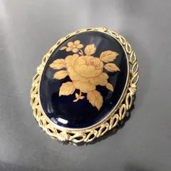 LIMOGES CASTEL リモージュキャッスル ブローチ 薔薇 バラ 花柄 陶器 ゴールドカラー 青 ネイビー 楕円形 レディースアクセサリー■S309のサムネイル