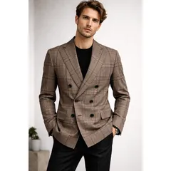 新品 未使用 メンズ チェック柄 ダブルブレスト ジャケット モカブラウン M