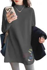 bubu o_hana(ブブ オーハナ) ゆったり 裏起毛 長袖 ロング Tシャツ チュニック 丈 ハイ ネック 背面 無地 サラサラ レディース 女性 用 春 秋 冬 服 物 防寒 保温 暖かい あたたかい あったか ロンT (グレー,  L)