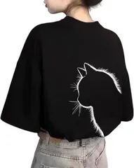 bubu o_hana(ブブ オーハナ) Tシャツ ゆったり 大きめ ネコ シルエット プリント カジュアル レディース 女性 用 春 夏 秋 冬 服 半袖 ティーシャツ トップス 体型カバー オーバー サイズ ビッグ (ブラック,  XL)