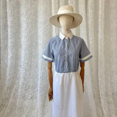 ヴィンテージ ワンピース ストライプ 切替 半袖 前ボタン ポケット付 バイカラー ネイビー ホワイト レトロ 古着 きれいめ 膝丈