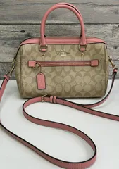 【加】COACH 2way ショルダー ハンド バッグ E2157 83607 コーチ ベージュ ピンク シグネチャー キャンバス ベルト バック【7658SS】D3