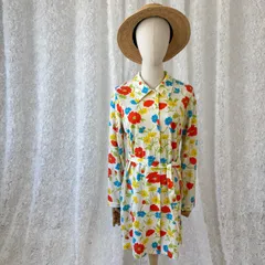 USA製 花柄ワンピース カラフル フラワー 総柄 シャツワンピース ベルト付き 長袖 レトロ ヴィンテージ ポリエステル 春夏 古着
