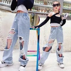 子供服 キッズ ロングパンツ ダメージ加工 ワイドデニム 女の子 HIPHOP ダンス ボトムス おしゃれ カジュアル Gパン ジーンズ デニム1742746