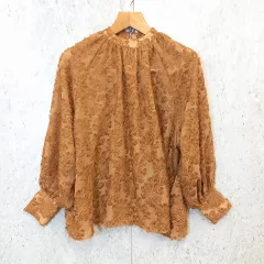 Louere ルエレ ブラウス シャギー パフスリーブ 長袖 フラワー刺繍 ブラウン Mサイズ 〇◇☆