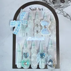 【現品】水色 チェック リボン フレンチガーリー キラキラ ゆめかわ スーパーロングネイルチップ