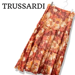 TRUSSARDI トラサルディ ティアードスカート 38 M オレンジ 茶 総柄 ロングスカート キング 日本製級品質 キュプラ 裏地 抽象柄 フレア Aライン エレガント 上品 婦人服 ミセス 119TYのサムネイル