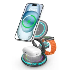 【2025新登場】ワイヤレス充電器 3in1 折りたたみ マグセーフ式 急速 最大15W・3台同時充電・360°回転 magsafe タンド 置くだけ iphone/iwatch/AirPodsに対応(灰色)　美品　おすすめ