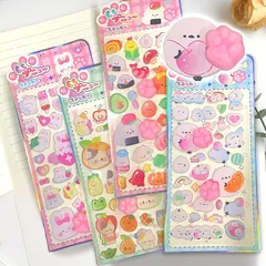 【新品】 【肉球ぷにぷにシール】 4枚セット にくきゅう おしり かわいい ぷくぷく キャラクター 3D マシュマロ ふわふわ もちもち もっちりスクイーズ ステッカー デコレーション (肉球4枚セット(お寿司と動物たち)) 1