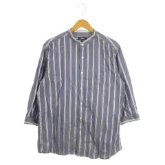ビームスハート BEAMS HEART シャツ XL 紺 ネイビー ストライプ柄 バンドカラー 七分袖 /MN23 ■GY58