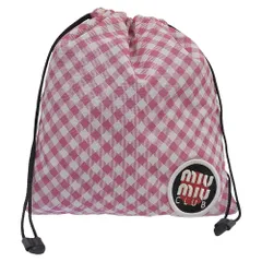 美品 ミュウミュウ MIUMIU 2018年商品 5NG005 CLUBワッペン ギンガムチェック レザー ドローストリング ハンドバッグ ポーチ 巾着 ピンク レディ