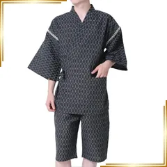 【新品】 [アーケード] 甚平 メンズ 上下 2点セット じんべい 和装 しじら織り 浴衣 夏 涼しい 部屋着 ルームウェア L B柄ブラック 1