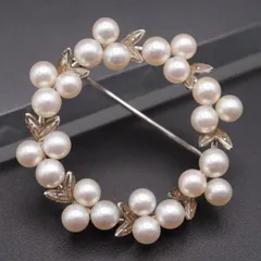 S757 本真珠 4.2-6.4mm24珠 パール STERLING刻印 ブローチ リース リーフ デザイン シルバー コサージュ 6月誕生石