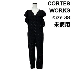 ◇ 未使用 コルテスワークス サロペット オールインワン Vネック フリル つなぎ ドット柄 刺繍 ネイビー 38 M 9号 レディース S6D094のサムネイル
