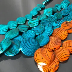 3本セット シェルビーズ 貝殻 ネックレス しま模様 青 ターコイズブルー オレンジ 丸 四角 スクエア まとめ売り レディースアクセサリー■S308