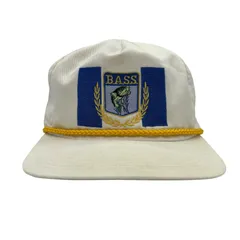 【キャップ/帽子】USA製 80-90s B.A.S.S.（バス・アングラーズ・スポーツマン・ソサエティ）ビンテージ トラッカーキャップ ホワイト 白 ブルー 青 イエロー 黄 US製 アメリカ製 Made in USA