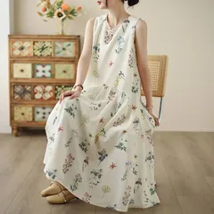 ワンピース ノースリーブ ワンピース 夏 花柄 レディース ロングワンピース 大きいサイズ 綿麻風ワンピース 上品 ミモレ丈 夏 Aライン 大きいサイズ ゆったり 1565