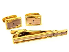 ■美品■ YVESSAINTLAURENT イヴサンローラン カフス カフリンクス ネクタイピン タイクリップ 2点セット ゴールド系 DG0830 冠婚葬祭 結婚式 葬式