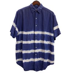 ラルフローレン 裾ポニー 開襟 半袖リネンシャツ L ボーダー ○8305B 