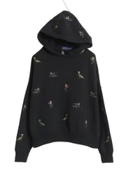 【お得なクーポン配布中!】 ポロベア ポロ ラルフローレン 総柄 スウェット フード パーカー レディース M キャラクター 刺繍 プルオーバー 黒 裏起毛 短丈 トレーナー