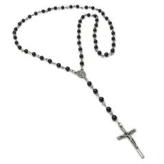 ネックレス ロザリオ メンズ レディース ブラックビーズ シンプル クロス 十字架 アンティーク KN52102