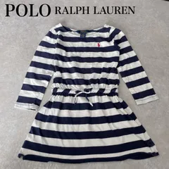 【POLO Ralph LAUREN】ポロ ラルフローレン　ボーダー柄ワンピース ホワイト×ネイビー 110 ピンク ポニー刺繍 キッズ 女の子