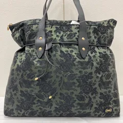 Y1510　FEILER　フェイラー　トートバッグ　 大容量　パラディス　花　鳳凰　ナイロン　 レザー　カーキ×ブラック系　緑　黒　 レディース