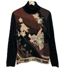 LEONARD(レオナール) 長袖セーター サイズLL レディース 黒×ボルドー×マルチ タートルネック/スパンコール/花柄