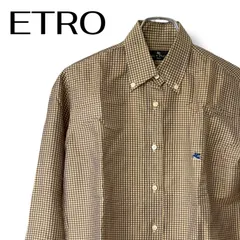 ETRO エトロ シルク100% ギンガムチェック シャツ 40 L ブラウン ベージュ 最高級絹 イタリア製 ペガサス刺繍 ロゴ刺繍 ボタンダウン ブラウス 婦人服 ミセス 上品 春夏秋冬 19116 0001349OCのサムネイル