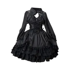 新品 [トクとユウ] 森ガール ロリータワンピース ゴシック風 お嬢様系 ティアード ジャンパースカート 姫袖 胸空き 女装 地雷系 チェーン付き 長袖 リボン 編みこみ フリル ハロウィン パーティー (スカート＋上着 L)