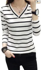 Vネック　長袖シャツ　ストライプ　レディース　カジュアル　トップス