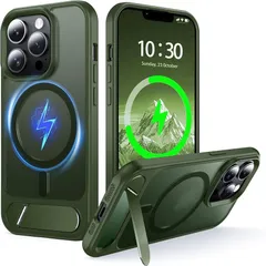 iPhone13 Pro Max 用 ケース マグネットスタンド MagSafe対応 [スタンド&ワイヤレス充電 2in1] [埋め込み隠しブラケット] [ミリタリー耐衝撃] スリム 半透明 マットシリコ (ブルー)