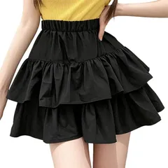 bubu o_hana(ブブ オーハナ) ティアード スカート ミニ 膝上 丈 フリル ふんわり シルエット Aライン 裏地 付き レディース 女性 用 春 夏 秋 冬 服 物 ウエスト ゴム ストレッチ 伸縮 ミニスカート (ブラック,  L)