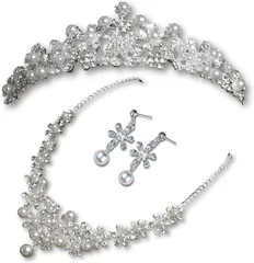 RENASYS パールティアラ ネックレス イヤリング ピアス 3点セット ブライダルアクセサリー 花冠 結婚式 撮影用 レディース 女の子 (シルバー(ティアラ、ネックレス、ピアス),  フリー)