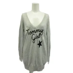 トミーガール tommy girl ニット セーター 長袖 チュニック丈 Vネック 星 スター ロゴ 刺繍 M グレー /XZ ■ECD001
