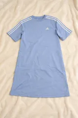 adidas ワンピース風Tシャツ Lサイズ 水色 スリーストライプ 半袖 コットン100％