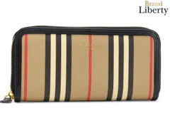 【超美品】バーバリー BURBERRY BURBERRY LONDON ENGLAND アイコン ストライプ ラウンドファスナー長財布 ベージュ ブラック PVC レザー 8027427