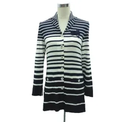 ランバン LANVIN ニットカーディガン オープンカラー ロング丈 ボーダー柄 40 Lサイズ 黒 ブラック オフホワイト /HO38 ■GY61