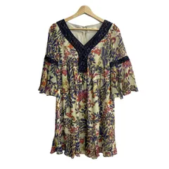 GRACE CONTINENTAL(グレースコンチネンタル) ワンピース サイズ36 S レディース ベージュ×ダークネイビー×マルチ 花柄/レース/七分袖