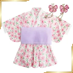 【新品】 [SLINX] 浴衣 子供 女の子 ベビー キッズ 夏祭り 夏 和装 ゆかた こどもゆかた ヘア飾り付き 3点セット 帯セット ワンピース 浴衣ドレス 兵児帯付 花火大会 HF15 (ピンク花, 130) 1