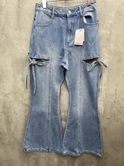 新品 moment+ モーメントプラス 綿100% デニム＆ツイルカットアウトリボンフレアパンツ デニムパンツ sizeL/青 ■■ レディース