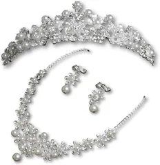 RENASYS パールティアラ ネックレス イヤリング ピアス 3点セット ブライダルアクセサリー 花冠 結婚式 撮影用 レディース 女の子 (シルバー(ティアラ、ネックレス、イアリング),  フリー)