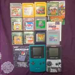 【動作確認済み】任天堂　ゲームボーイカラー　GBC クリアパープル(本体のみ)、ブルー(本体、お知らせチラシ)　+ 【起動確認済み】ゲームボーイ(GB)、ゲームボーイカラ(GBC)ソフトまとめ14点