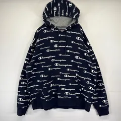 古着 チャンピオン Champion パーカー スウェット フーディ 総柄 プルオーバー  大きいサイズ XL  ネイビー メンズ