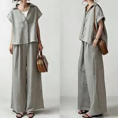 セットアップ レディース 夏服 トップス ブラウス 半袖 ボタン カーディガン ボトムズ ワイドパンツ ゴム ポケット 大人 30代40代50代 上下セット きれいめ 2点 weixz323