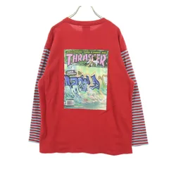 美品 THRASHER スラッシャー バックプリント スケートボード 長袖 Tシャツ FREE レッド ロンT メンズ 古着