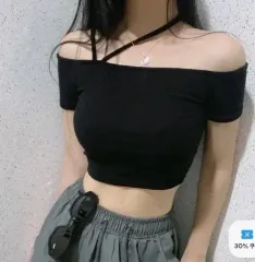 斜めボーダー 紐 オフショルダー 半袖 Tシャツ ブラック