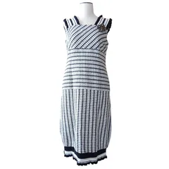 【美品】ルネ Rene TISSUE社製 ツイード コットン ニット ワンピース ブローチ付き バイカラー スリット フリル モノトーン 36