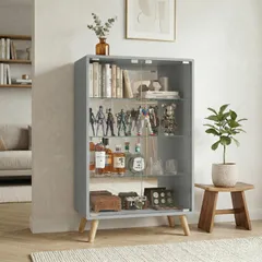 【人気商品】コレクションケース ワイド 大容量 4段 ガラスキャビネット 背面ミラー 可動棚 高さ調節 強化ガラス扉 プッシュ開閉 フィギュア収納 おしゃれ GRAY