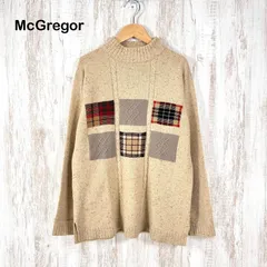 90s McGREGOR マックレガー チェック パッチワーク風 ウール100% ロングスリーブ ニット セーター ベージュ メンズ 長袖 トップスのサムネイル